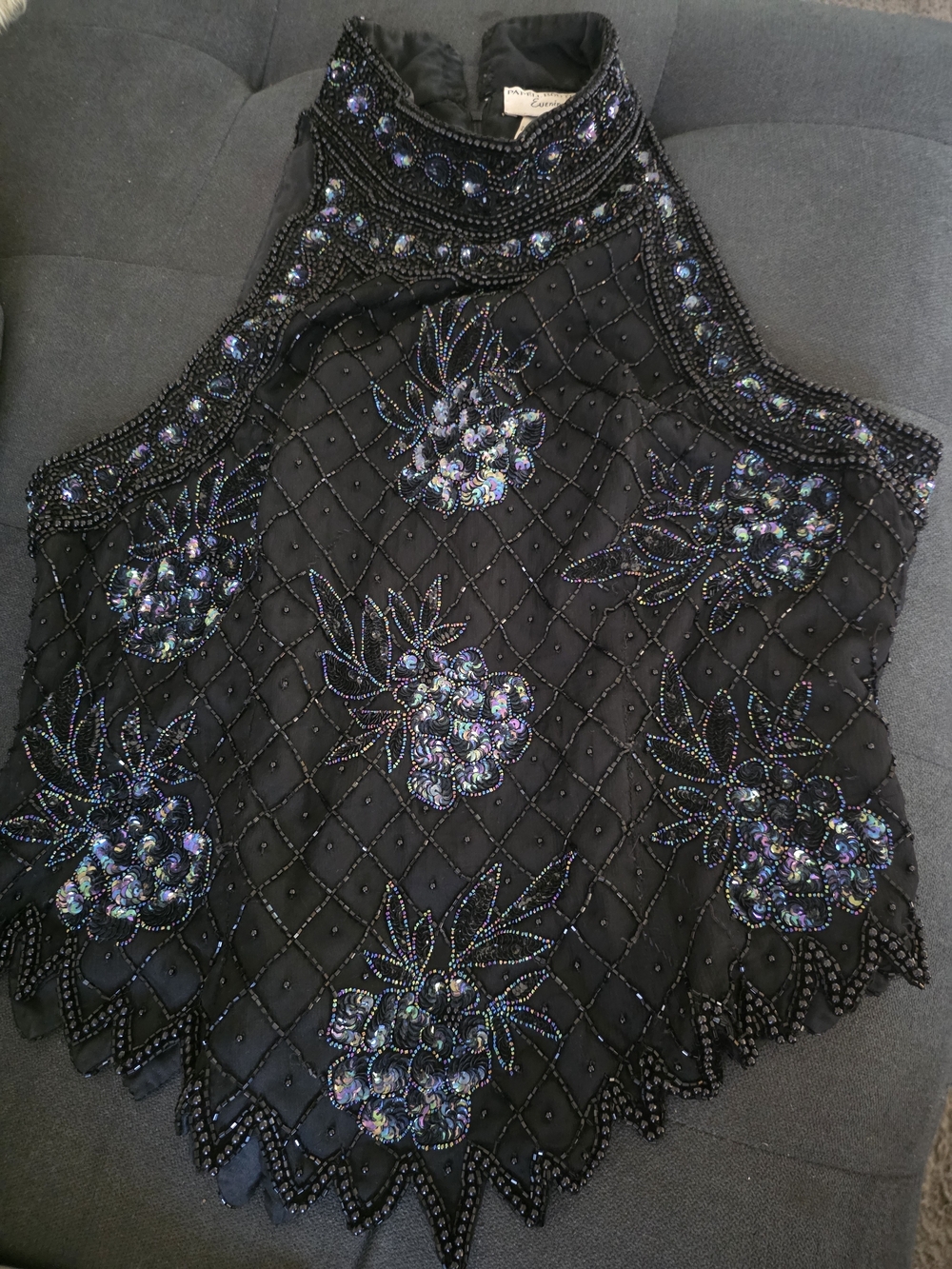 Papell Boutique Black Halter Top with Iridescent Sequin Floral Embellishment